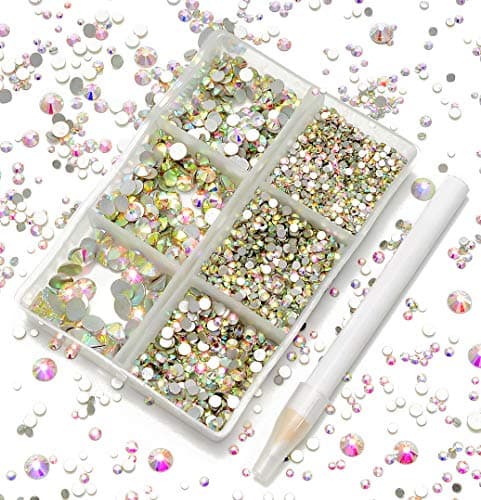 AD Beads 4300 Pieces Flat Back Nail Art Rhinestones Round Beads 6 Sizes 265mm with Storage Organizer BoxRhinestones Picking Pen for Nail Art Phone Decorations Crafts DIY Crystal AB