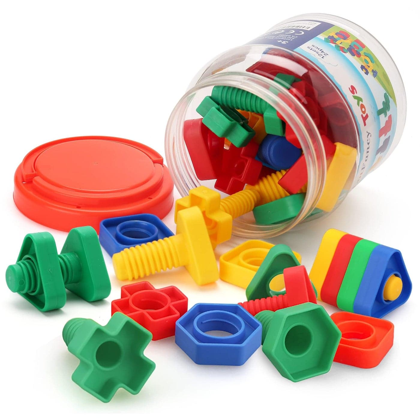 LotFancy Nuts and Bolts 24pcs Fine Motor Skills Occupational Therapy Toys for Kids Shapes and Colors Matching Toys Montessori Building Construction Game with Storage Box for Baby and Toddlers