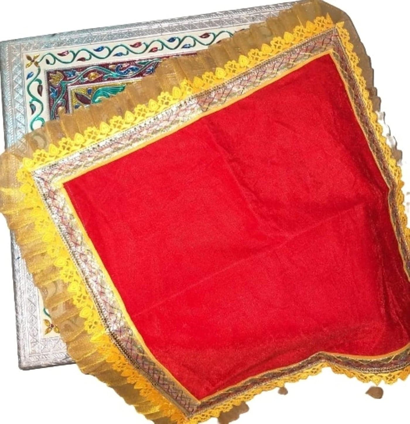 Mandir Temple Aasan or Chowki Aaasan is Made on Soft Velvet Cloth with Frill Golden Border Manufactured in mathura Sold by Garvita Puja Samagri One Aasan Size 15 X 15