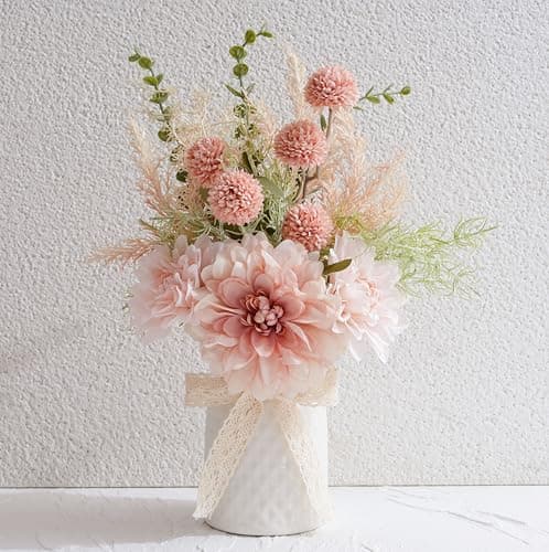 LUEUR Artificial Flowers with Ceramic Vase Centerpieces – Spring Silk Pink Flower Arrangement for Coffee Table Decor, Faux Flower Bouquet for Home Indoor Decoration, Bathroom, Dining Room, Kitchen