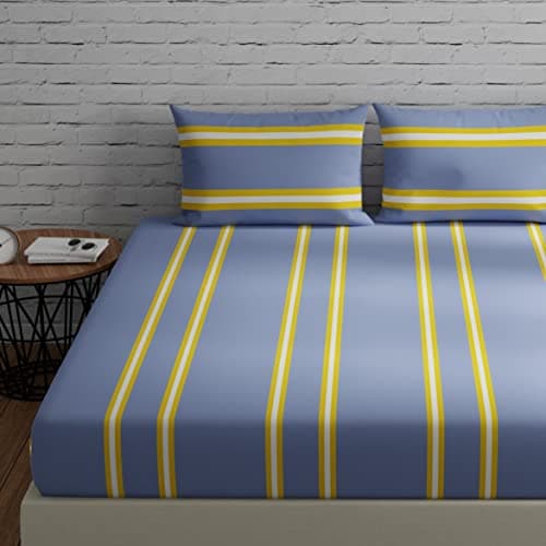 Huesland by Ahmedabad Cotton 144 TC Pure Cotton Bedsheets for King Size Bed with 2 Pillow Covers | 108x108 inches | Striped Grey & Yellow