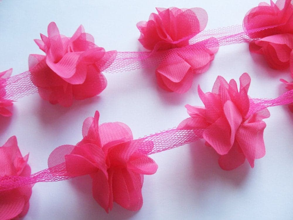 YYCRAFT 45 Yards 25 3D Chiffon Flower Lace Trims Bridal Bouquets Cluster Flower DIY SewingHot Pink