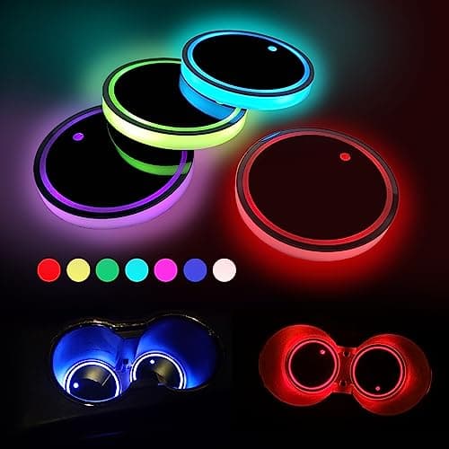 4pcs LED Car Cup Holders Waterproof Cup Holder with 7 Colors Changing USB Charging Mat LED Interior Atmosphere Lamp Decorations with 2pcs USB Cables for Car Truck Vehicle Accessories