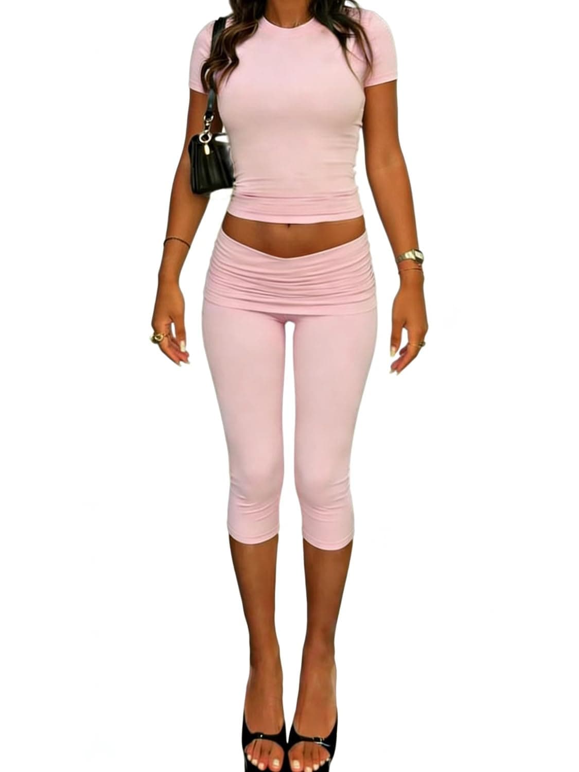 ZFLM casual sports women's two-piece set with short sleeves exposed navel high waistfoldable cropped pants sports suit
