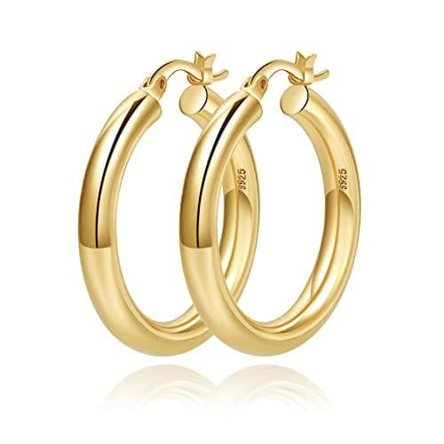 Steling Silver 4mm Thick Gold Chunky Hollow Tube Hoops Earrings - Hypoallergenic, Lightweight, Large (20/30/40/50/60MM)