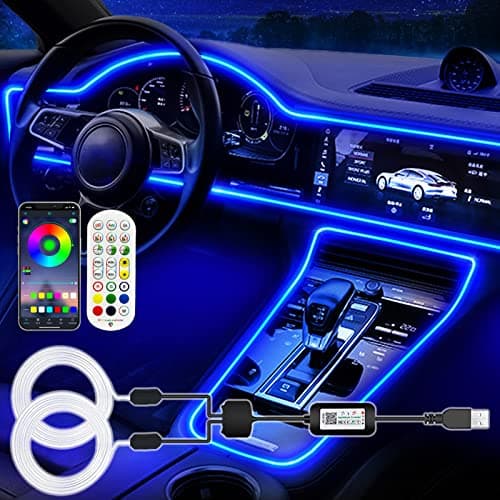 Jushope Interior Car LED Strip Lights, RGB USB Ambient Lighting with Fiber Optic, EL Wire Car Accessories (2 in 1)