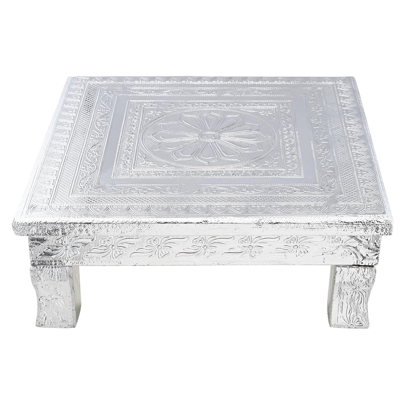 Fancy Aluminium Foil Designer BajotChowkiPeeta for Religious Purpose Designed Beautifully in Wood Silver rajwadi Work Colour Silver 15x15x5 inches