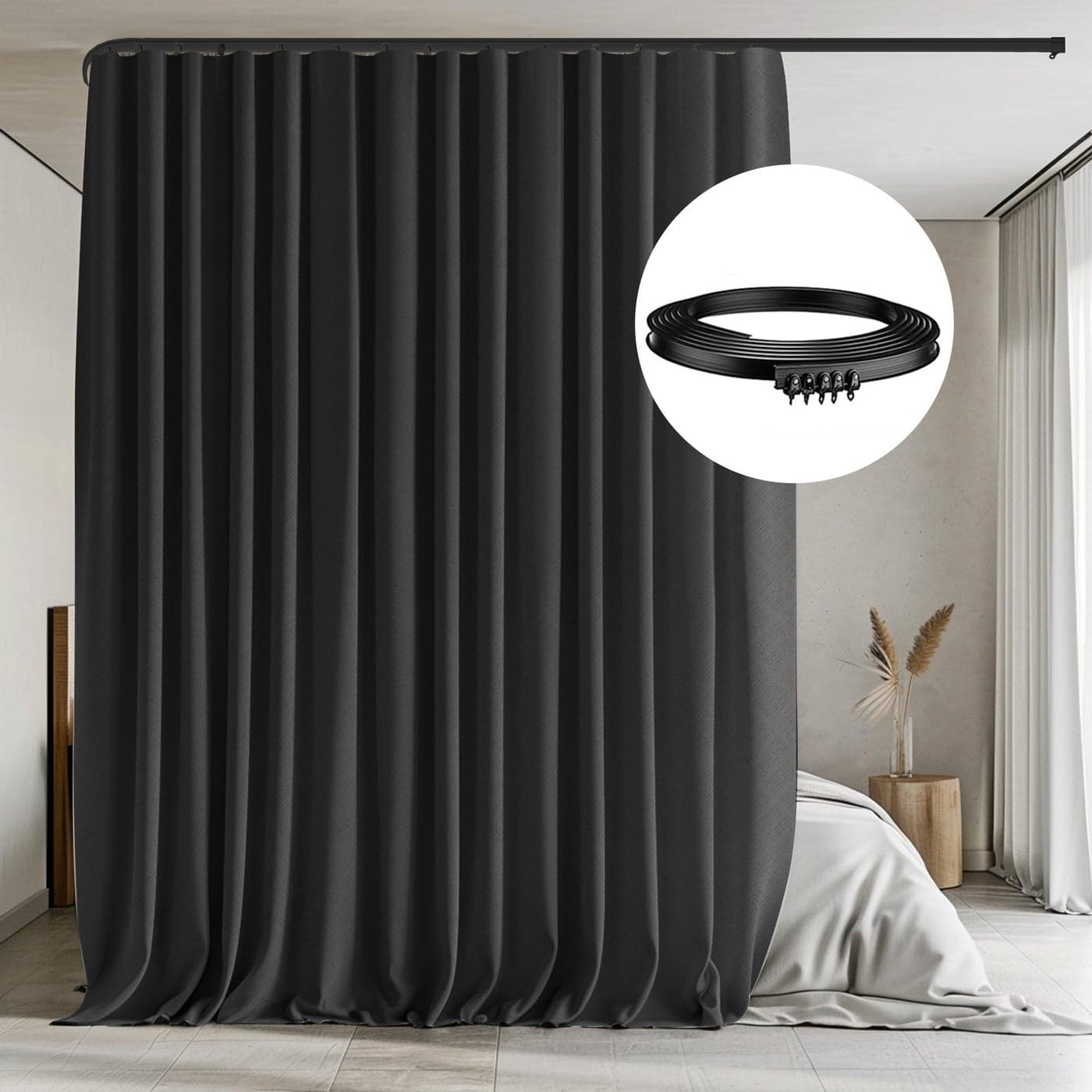 MaKefeile Room Divider Curtains with Flexible Ceiling Tracks SetBlackout Curtain Ceiling Mount Curtain Track Privacy Room Dividers Ceiling Track Curtain RodBlack Drape Black Rail W 83 H 7 FT