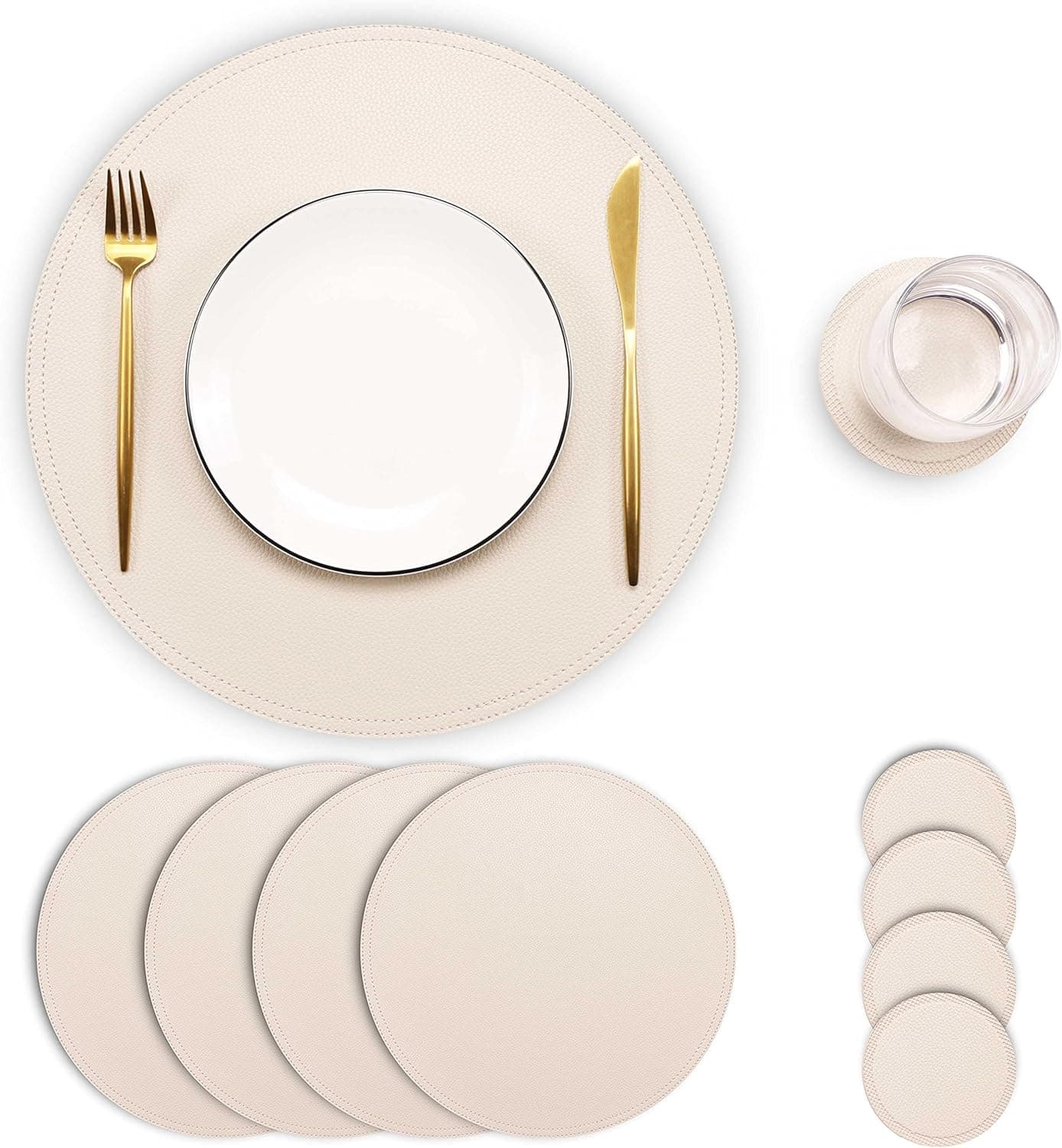 Set of 4 Faux Leather Round Placemats and Coasters Coffee Mats Kitchen Table Mats Waterproof Easy to Clean for Kitchen Dining Round Table