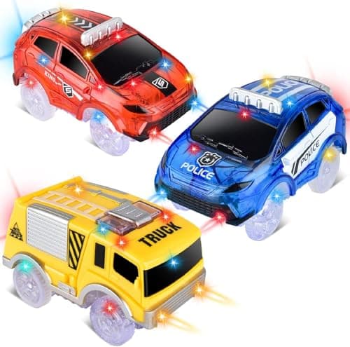 Track Cars Only Replacement Light Up Toy Cars with 5 Flashing LED Lights for Tracks Glow in the Dark Flex Race Car Track Accessories Compatible with Most Car Tracks for Kids 3 Pack with Screwdriver