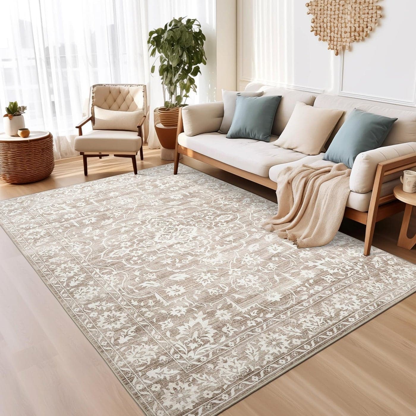 Soalmost Area Rugs 5x7 for Living Room Floral Washable Rugs for Dining Room Bedroom Vintage NonSlip Thin Area RugLight Brown 5x7