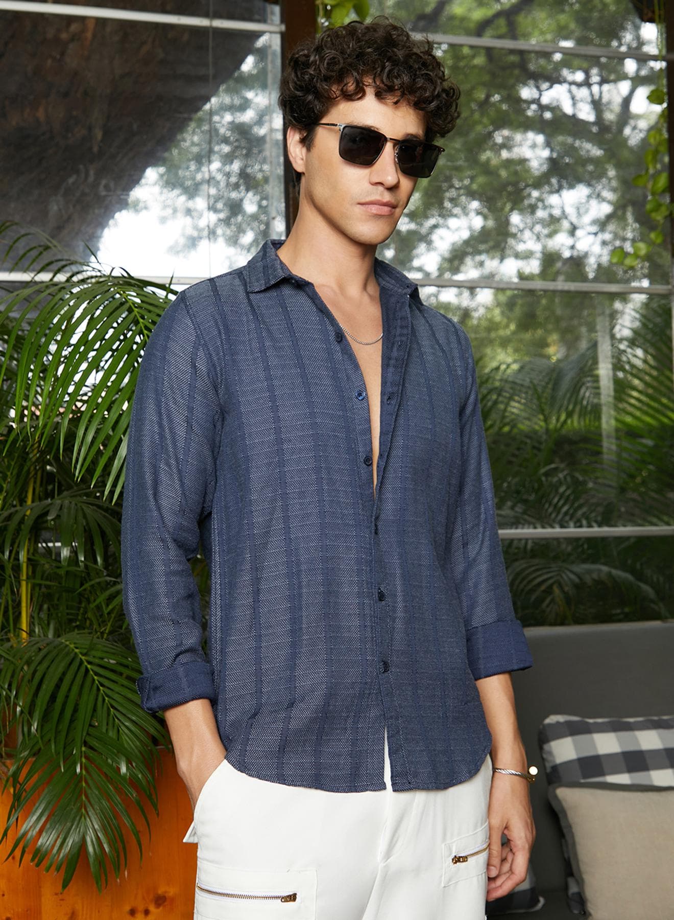 Men's Lapis Blue Contrast-Weave Relaxed Shirt