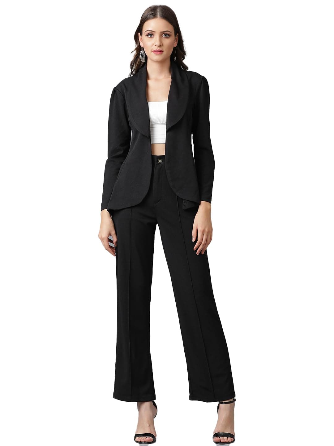 KOTTY Women's Solid Relaxed Fit 3/4 Sleeve Co-ord Blazer and Trouser Set. Coal Black