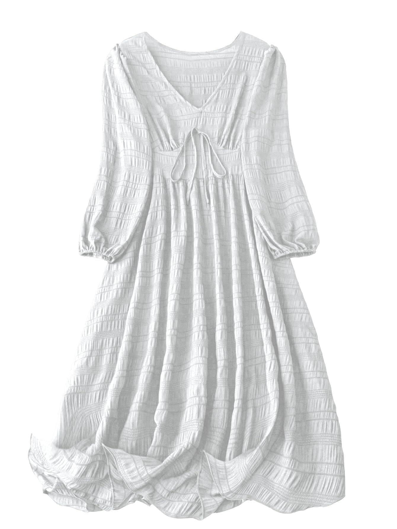 Shasmi Women's & Girl's White Dress for Women Midi, One Piece Dress for Women's Casual Dress, Solid Textured Lantern Sleeve Tie Front V Neck Midi Dress (Dress 123 White-XL)
