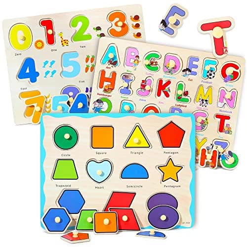 GRINNNIE Wooden Montessori Toddler Puzzles for 3 4 5 Years Old 3 Pcs Number Letter Shape Kids Preschool Educational Peg Puzzle Set