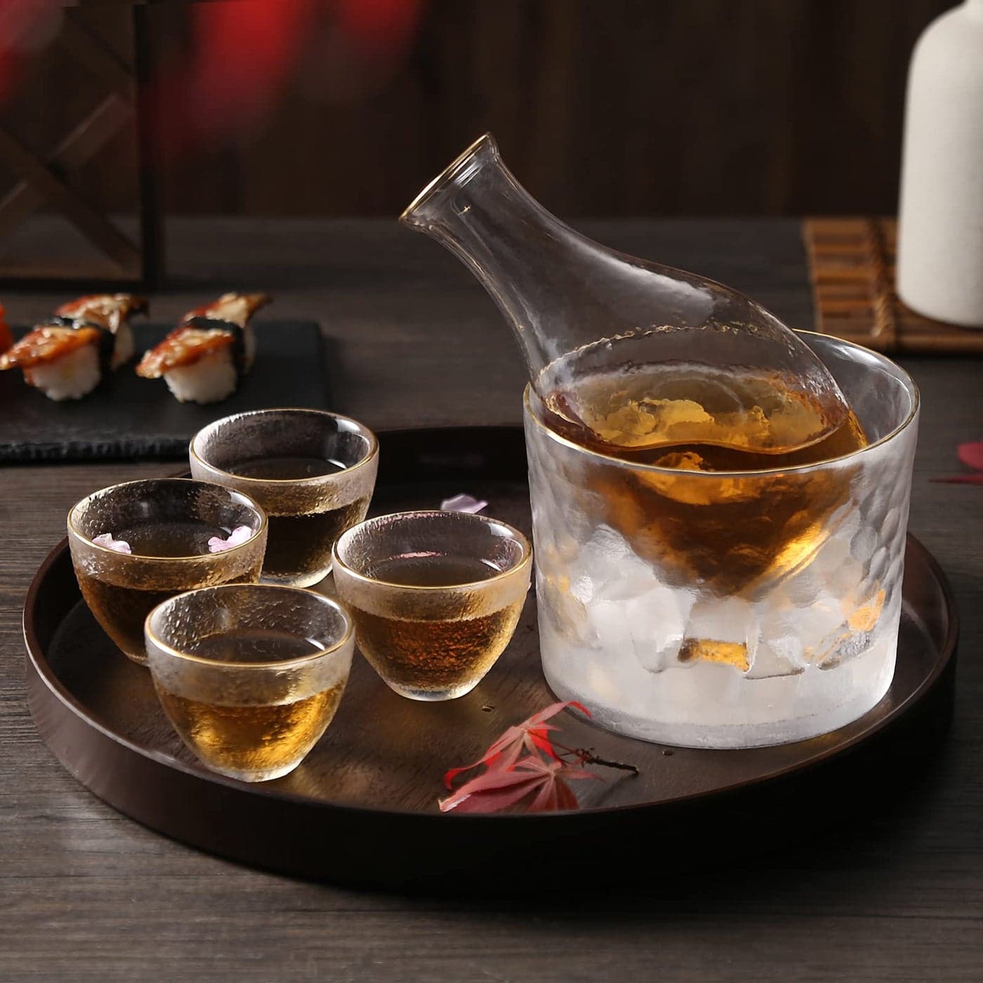 DUJUST Japanese Sake Set for 4 Glass Hammer Pattern in Golden Trim 1 Crystal Clear Sake Bottle 1 Sake Tank and 4 Sake Cups ColdWarmHot Sake Carafe Special Japanese Gifts Set 6 pcs