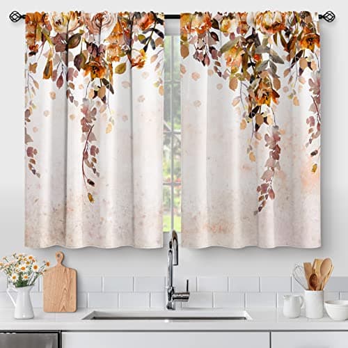 Aimego Fall Floral Leaves Kitchen Curtains - Rustic Watercolor Art Plant Flower Botanical Country Nature Short Cafe Tier Curtains Decor for Dining Room Rod Pocket Window Drapes 2 Panels Set 28"x36"