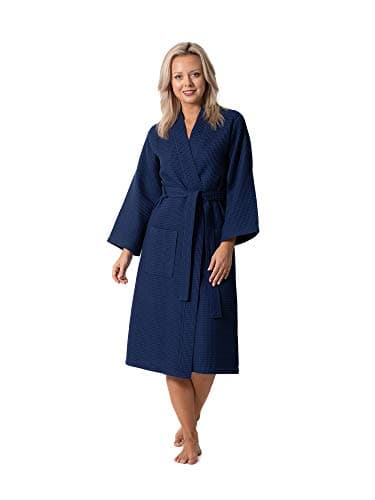Turkish Linen Waffle Knit Lightweight Kimono Spa & Bath Robes for Women - Quick Dry - Soft (Navy, Large)