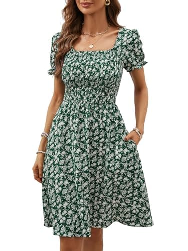 Berydress Green Dress Women Short Sleeve Summer Dresses 2025 Casual Square Neck Flowy A-Line Mini Smocked Floral Sundress(L,6203-Green Flower)