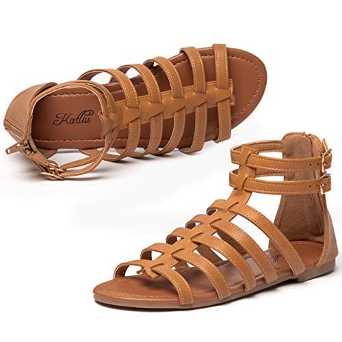 katliu Women's Gladiator Sandal Strappy Flat Sandals Two Ankle Buckle Brown 8