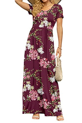 DB MOON Women's Casual Maxi Dresses Short Sleeve Empire Waist Long Dress for Beach with Pockets(Flower Burgundy, M)
