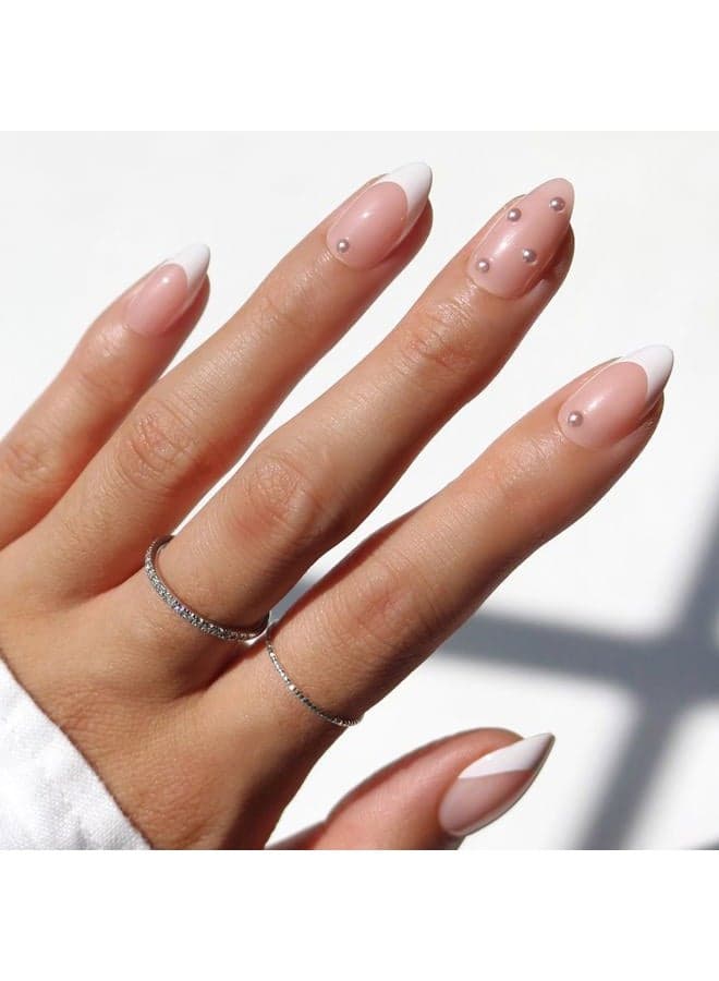 x GLAMZILLA Press On Nails - ALWAYS & FOREVER | Short Almond French Tip Fake Nails with 3D Pearls, Salon Quality Wedding Nails | 15 Sizes - 30 Nail Kit with Glue