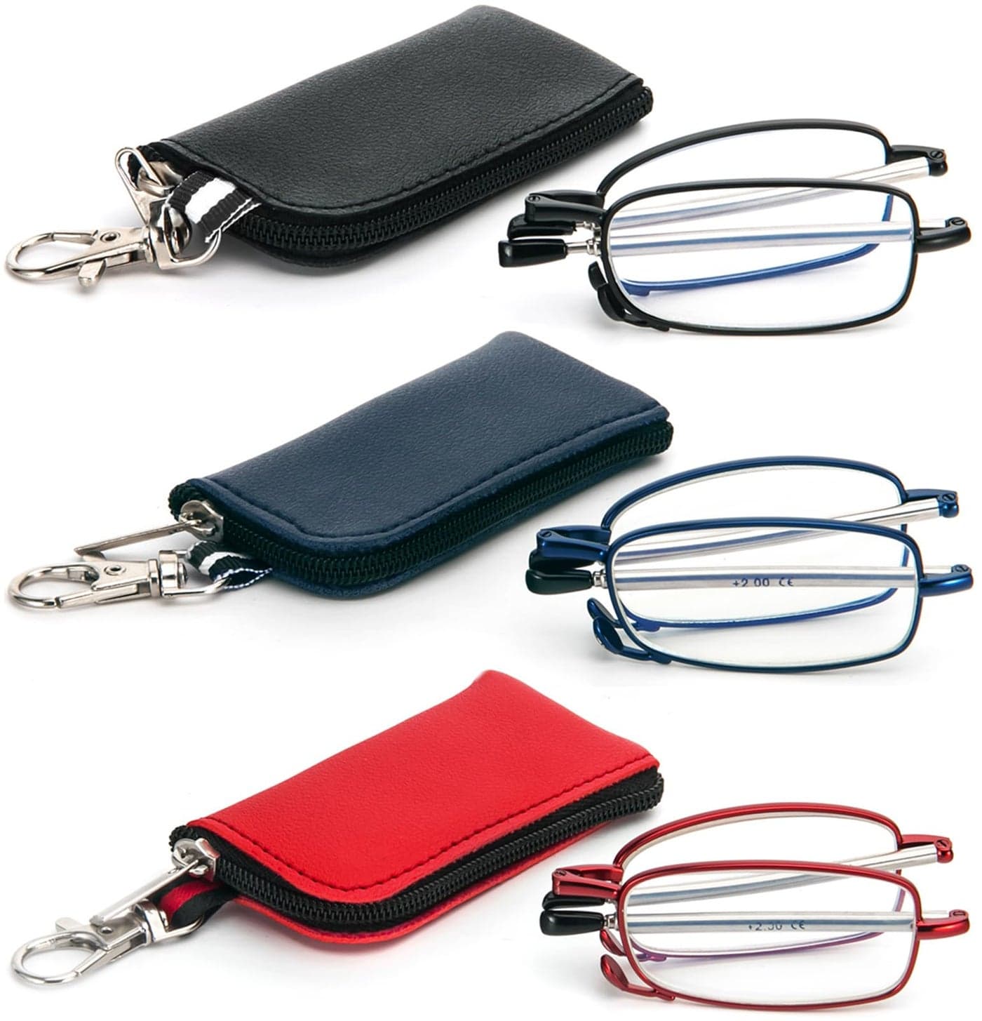 3 Pack Folding Reading Glasses with Keychain Compact Bags Women Men Blue Light Blocking Spring Hinge Portable Pocket ReadersBlack Blue and Red 15