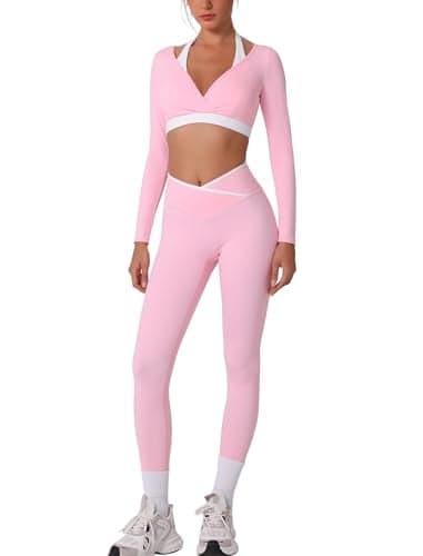 ABOCIW Workout Sets for Women Color Block Long Sleeve Crop Top with Built-in Bra Crossover High Waist Leggings Gym Set Yoga Pilates Outfits Fall Clothes Crossover Pink Small