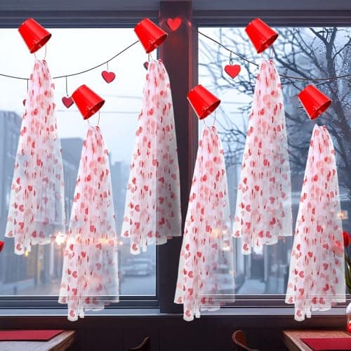 FoldTier 6 Set Valentine's Day Heart Gauze Table Runner Tulle Curtains and Buckets for Room Window 51 x 63 Inch Glitter Heart Valentines Table Runner Pink Tablecloth for Candlelight Dinner Home Decor