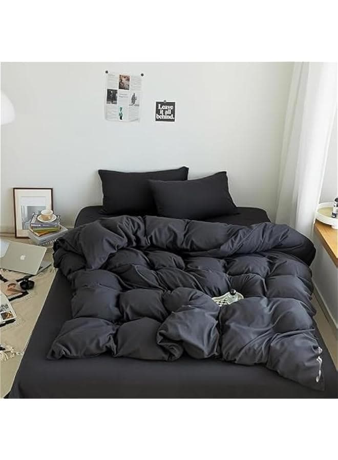 Cotton Duvet Cover Set, 4 Pieces Soft Brushed Microfiber Comforter Cover with Zipper Closure, Include 1 Duvet Cover 1 Flat Sheet and 2 Pillowcase (Black, 220x240cm)