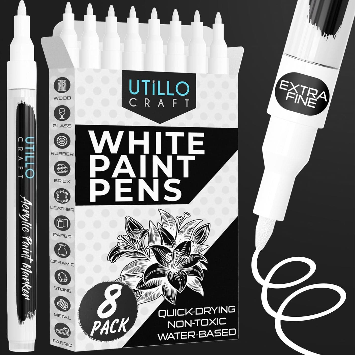 Utillo Craft White Paint Pen 8Pack for Rock Painting Wood Glass Tire Canvas Metal Fabric Extra Fine 07mm Tip Made in Japan Bold Color Acrylic White Paint Markers Perfect Art DIY Gift