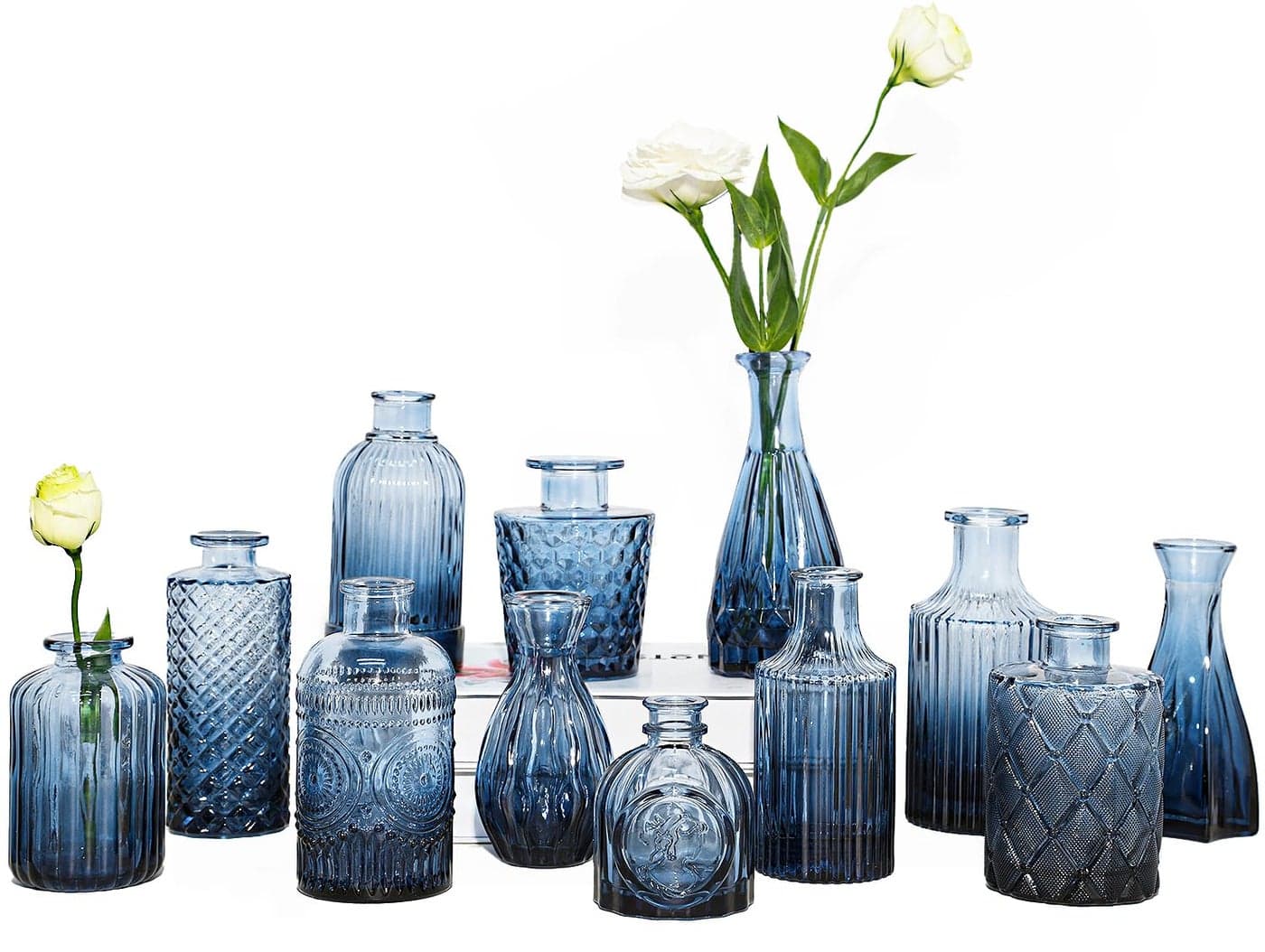 TBWIND 12Pcs Blue Glass Bud Vases Set Small Vases for Flowers Perfect for Centerpieces at Parties Baby Showers Weddings Events Graduation Season Great Gifts for Office Home Dcor