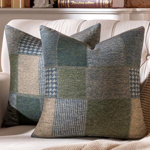 AmHoo Set of 2 Throw Pillow Covers Woolen Patchwork Checkered Farmhouse Decorative Square Pillows Cover Pillowcase for Sofa Couch Bed 18 x 18Inch Blue