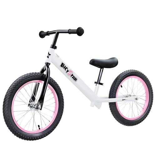 Bicystar 16 Inch Kids Balance Bike for 58 Year Old No Pedals Air Tires Footrests Adjustable Height for Big Boys Girls White