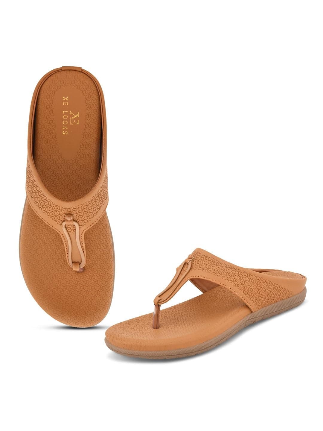 XE Looks Women's Tan Slip-On Comfort Slipper | Elegant Textured Design with Toe Loop | Lightweight Durable Slip-On Design with Comfortable Grip Slippers For Girls & Women