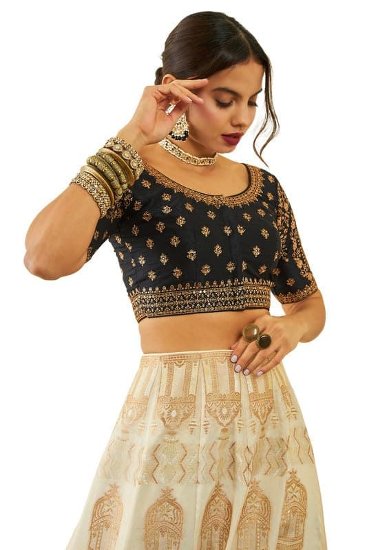 Soch Womens Black Tussar Embroidered Front-Open Blouse with Sequin Embellishments