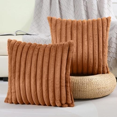 AEROHAVEN™ Premium Faux Rabbit Fur Plush Luxury Soft Fluffy Striped Decorative Throw Pillow/Cushion Covers for Sofa, Couch, Living Room - CC283 - (2, Brown, 18 x 18 Inch)