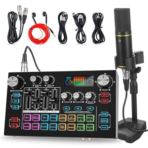 RHM X7 Podcast Equipment Bundle, 48V Phantom Power Mixer with XLR Condenser Mic, Vocal Remover, 4 Customizable Soundpads, 16-Level Noise Reduction, 6.35mm Guitar Input, LCD Screen, for TikTok, YouTube