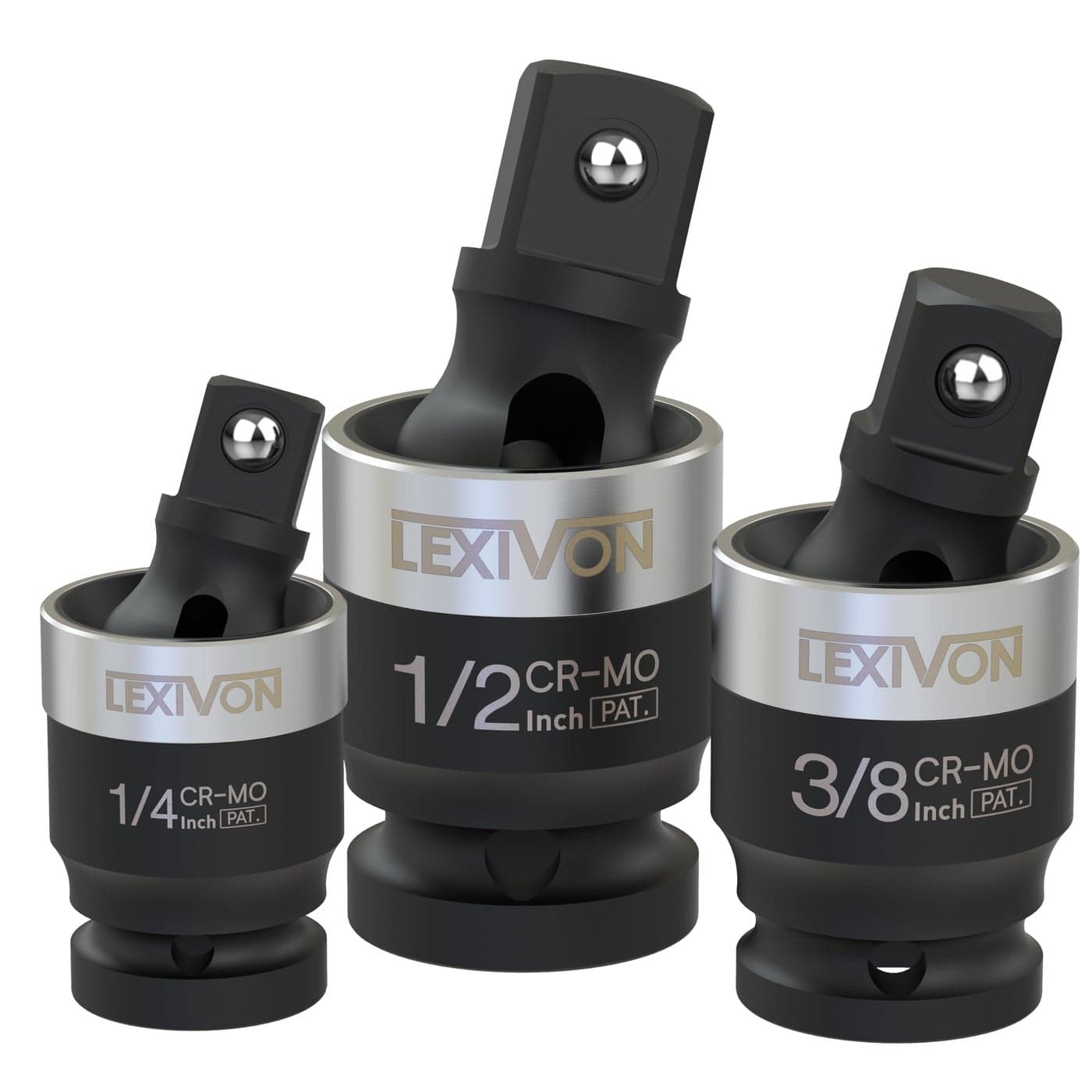 LEXIVON Impact Universal Joint - Patented SLIM Design | 3-Piece 1/2", 3/8", and 1/4" Socket Swivel Set | Chrome-Molybdenum Steel Full Impact Grade (LX-113-S)