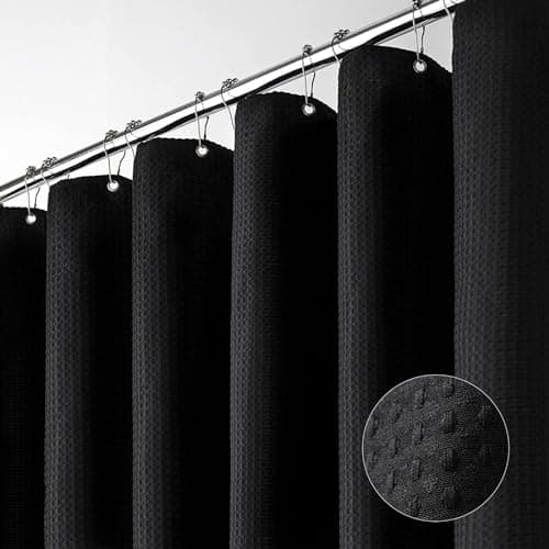 Dynamene Long Black Fabric Shower Curtain - Waffle Textured Tall Heavy Duty Cloth Shower Curtains for Bathroom, 256GSM Large Hotel Spa Luxury Bath Curtain Set with 12 Plastic Hooks(72Wx78H, Black)