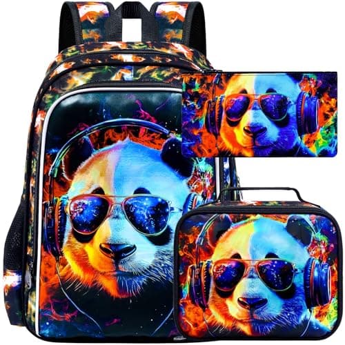HPJGD 3PCS Panda Bookbag for Boys Water Resistant Kids Backpack with Lunch Box 17 School Bag Set for Teenagers Middle Elementary Sunglasses Panda