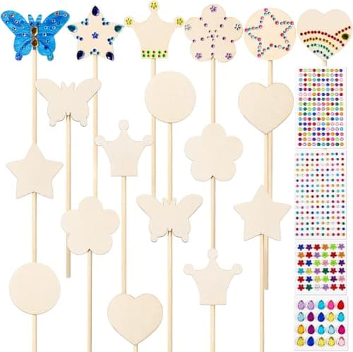 Pllieay Princess Fairy Wands Kit for Birthday Party Favors Decorations Include 18 Pieces 6 Styles Unfinished Wooden Princess Wand and 4 Gem Stickers Princess Art Magical Show for Party Supplies