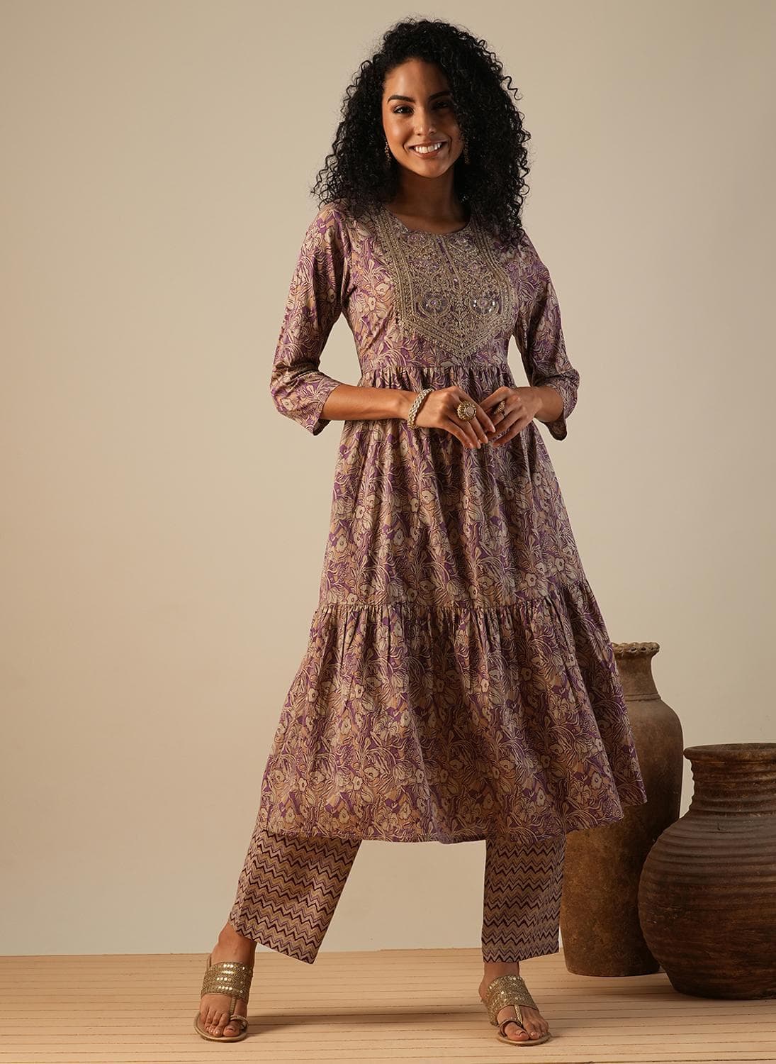 Globus Women Floral Printed Embroidered Detail Pure Cotton Anarkali Kurta With Trousers Workwear Set