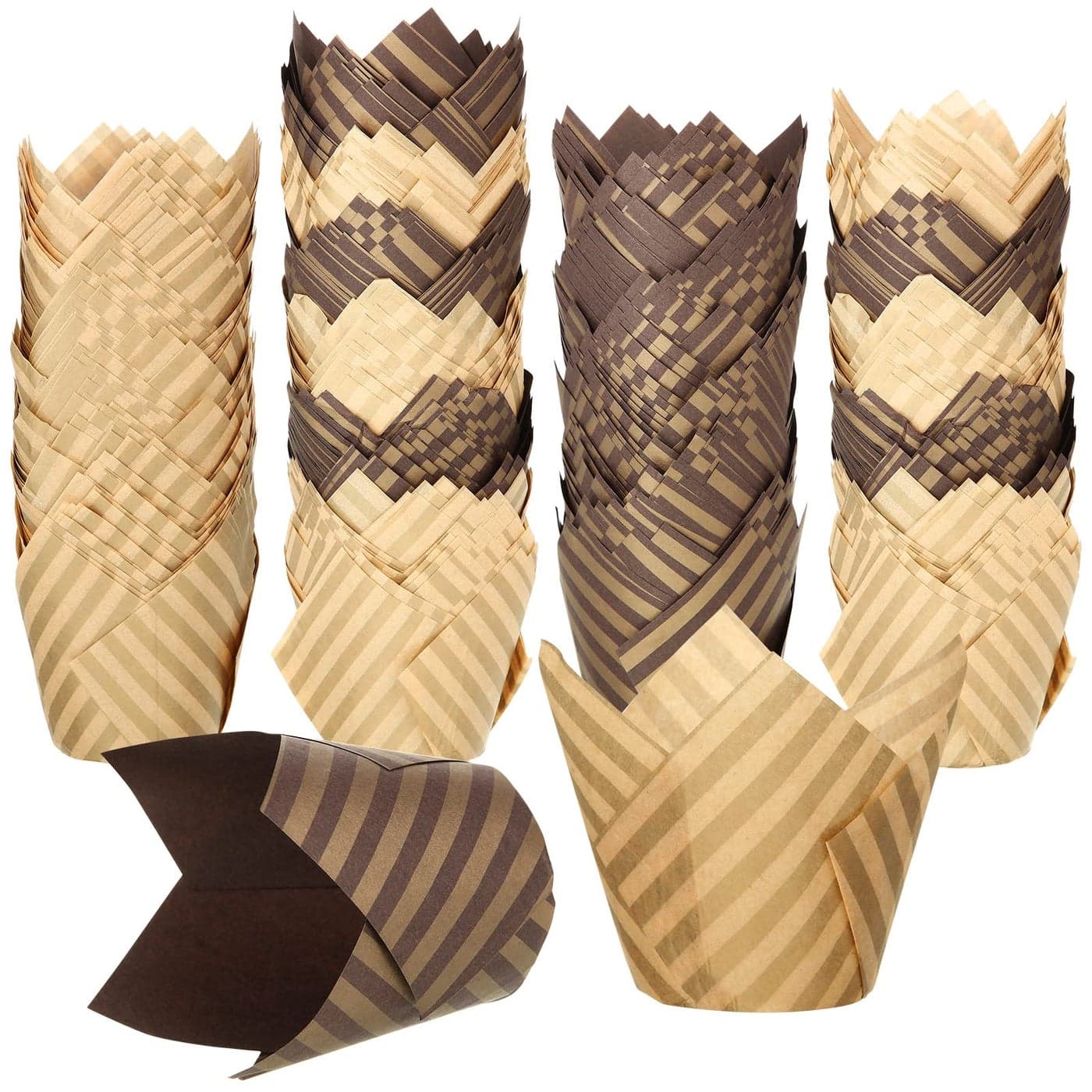 Chengu 400 Pcs Tulip Cupcake Liners Baking Cups Tulip Muffin Liners Wrappers Greaseproof Baking Cups Holders for Christmas Wedding Birthday Baby Shower Party SuppliesBeige Brown Stripes