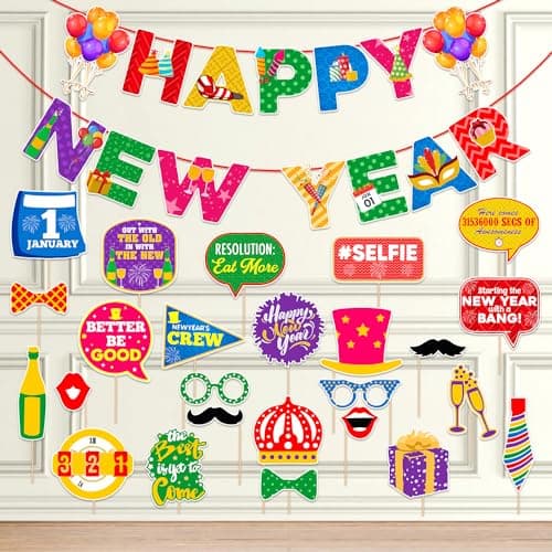 Zyozique ® Multicolor Happy New Year Party Decorations | New Year Decorations Set Including Paper Banner & Photo Booth (Pack Of 26)