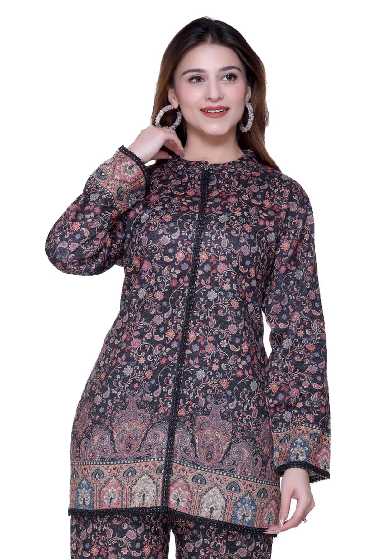aarbee Floral Design Printed Winter Kurta & Plazzo Co ord Set (IN, Alpha, 3XL, Regular, Black)