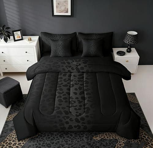 King Size Black Leopard Bedding Set 7 Pieces Bed in a Bag, Cheetah Bedding Set with Sheets All Season, Animal Print Bed Sets with Comforter, Fitted Sheets, Flat Sheets, Pillow Shams and Pillowcases
