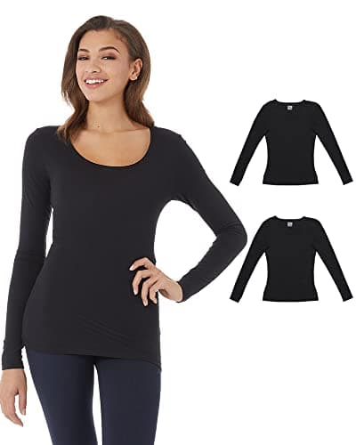 32 Degrees Women's 2 Pack Ultra Lightweight Thermal Long Sleeve Baselayer Shirt | Scoop Neck Top, Black/Black, X-Large