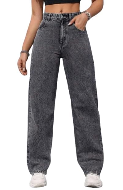 Linaria Women's High Waist Baggy Jeans, Loose Fit, Grey Denim (in, Numeric, 34, Regular, Grey)