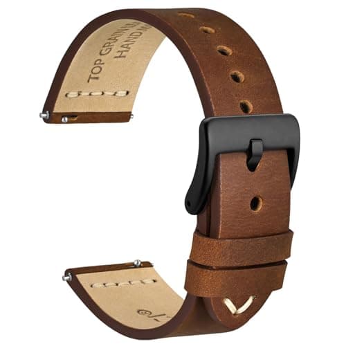WOCCI 21mm Oldfashioned Watch Band for Men Top Grain Leather Black Matte Buckle Caramel Brown